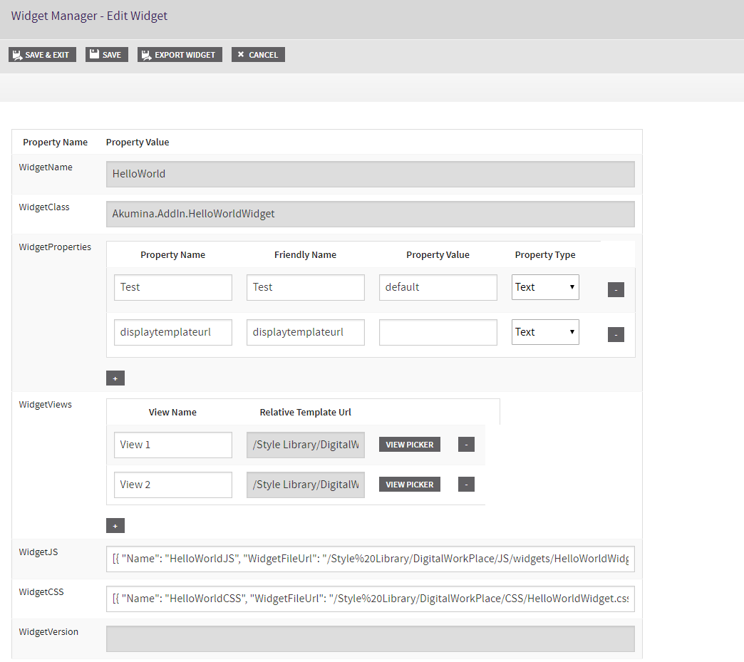 widget export properties